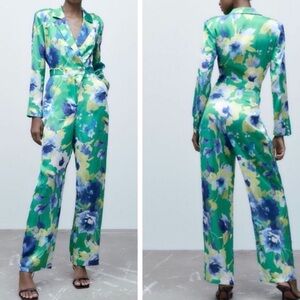 Zara Wide Leg Long Sleeve Green and Blue Floral Print Jumpsuit Size Medium
